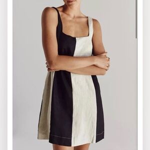 DISSH color block black and beige striped linen dress